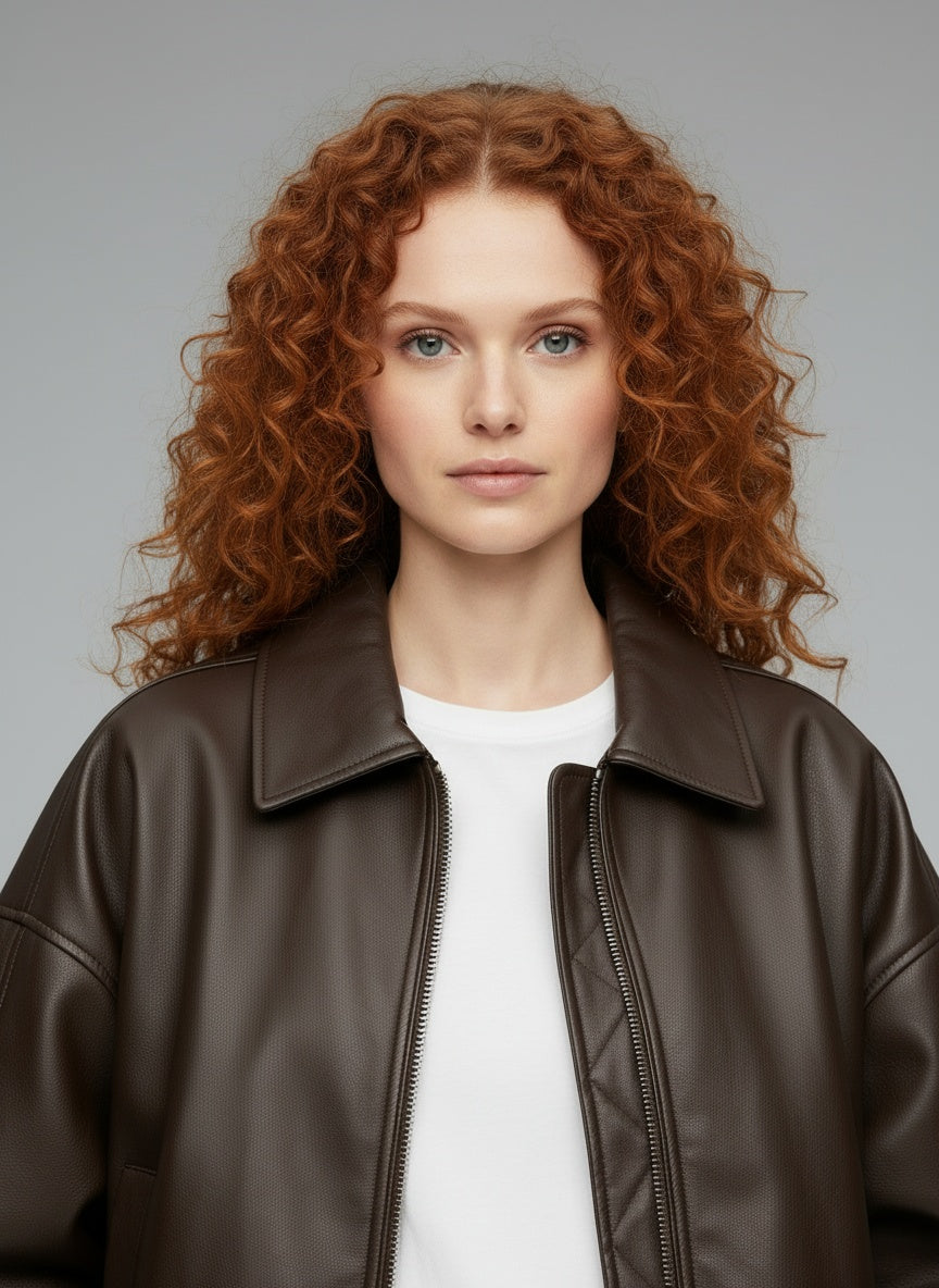 Close-up of the model wearing Amara™ | Kunstlederjacke