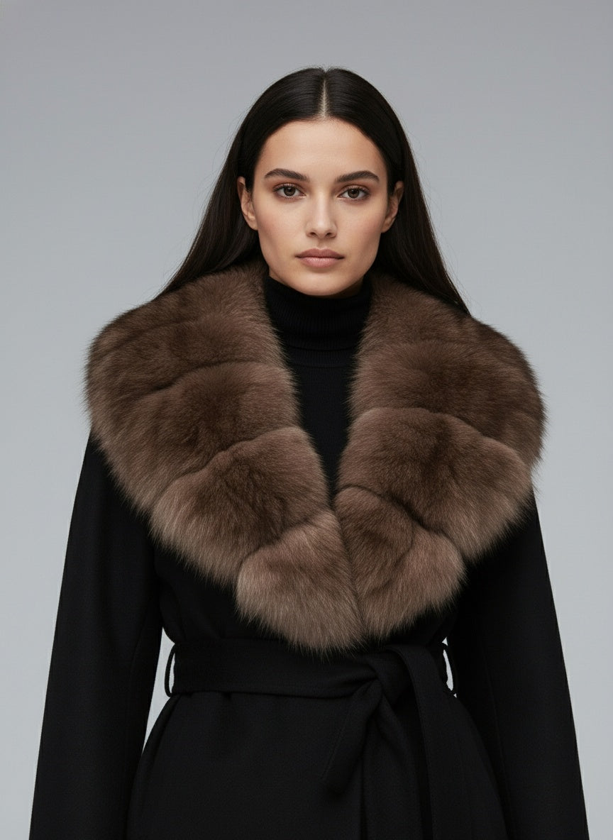 Close-up of the model wearing Helene | Fellkragen Jacke