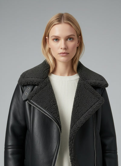 Close-up of the model wearing Pina Lederjacke