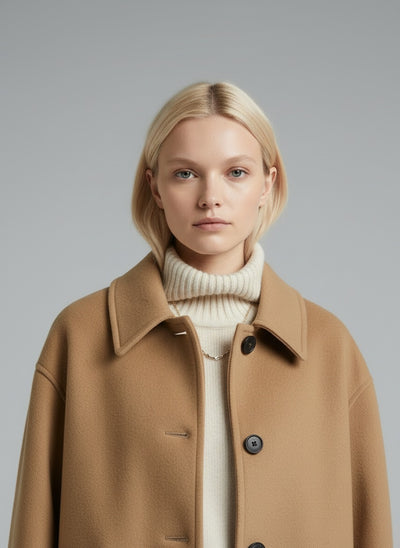 Close-up of the model wearing Serena | Oversized Mantel