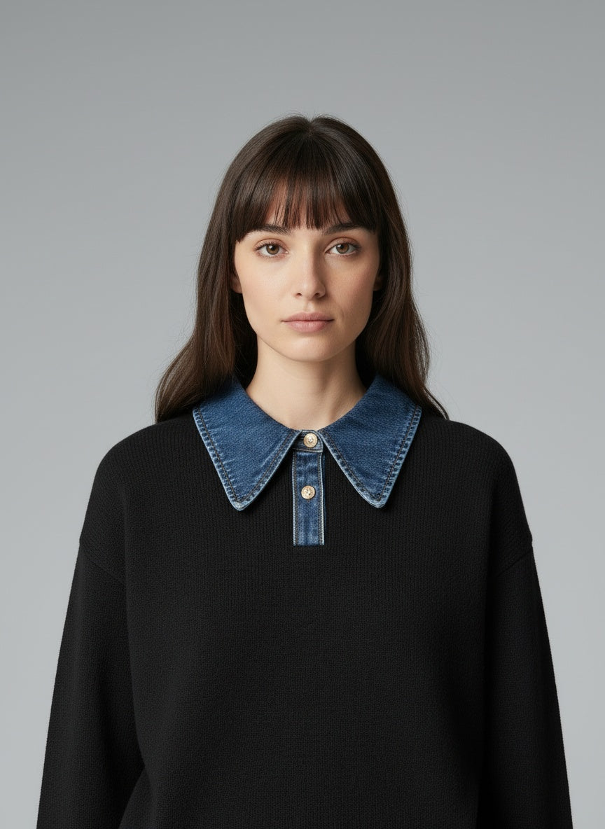 Close-up of the model wearing 2 in 1 Panel Revers-Pullover