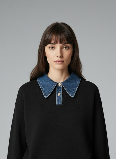 Close-up of the model wearing 2 in 1 Panel Revers-Pullover