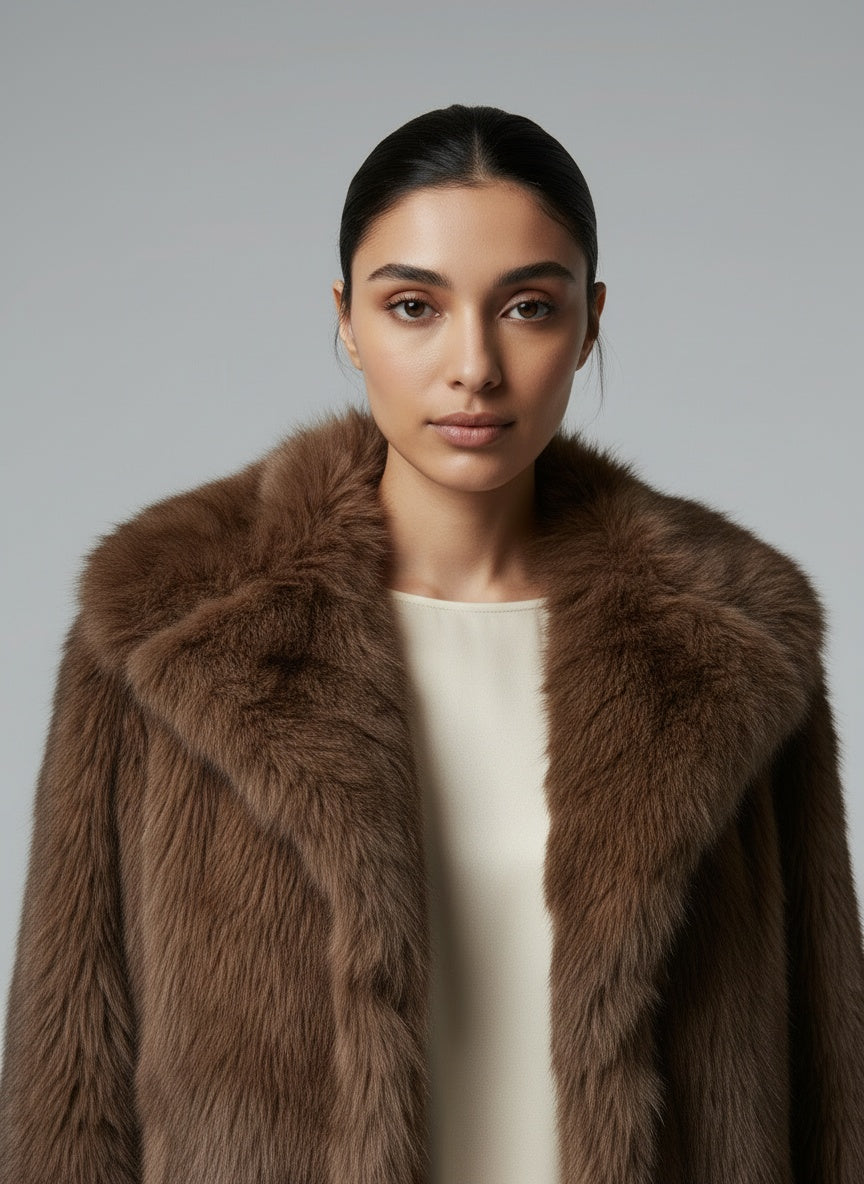 Close-up of the model wearing Tysa Kunstpelzjacke