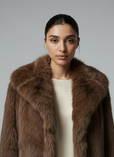 Close-up of the model wearing Tysa Kunstpelzjacke