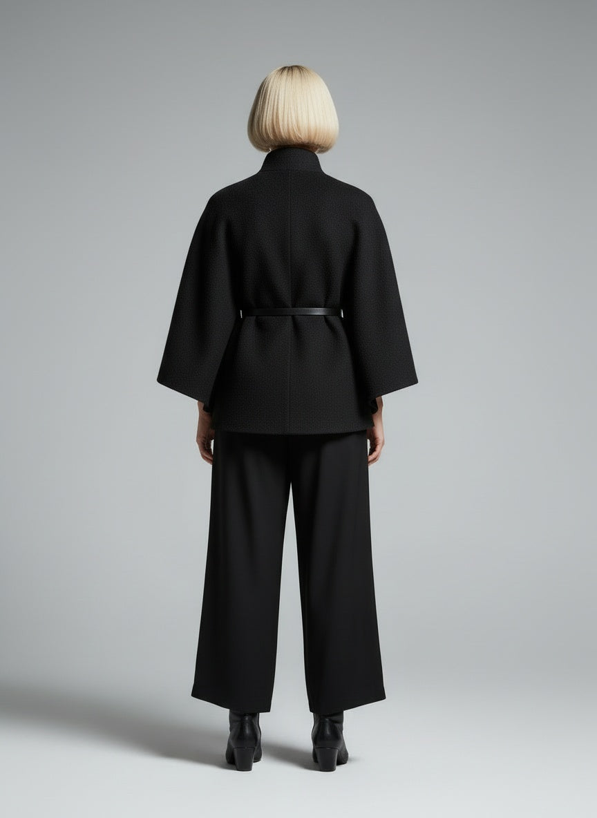 Back pose of the model wearing Annalena™ | Mantel mit Gürtel