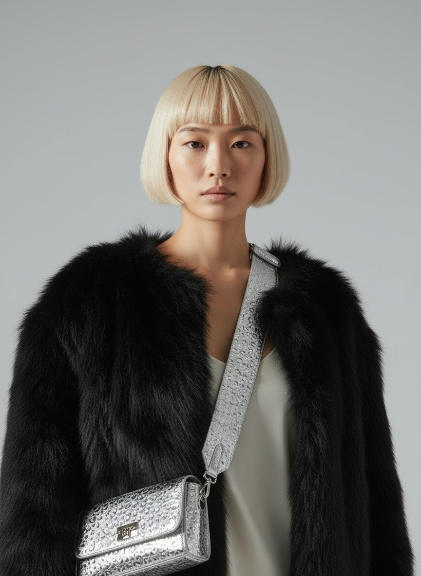 Close-up of the model wearing Amelie™ | Kunstpelzmantel