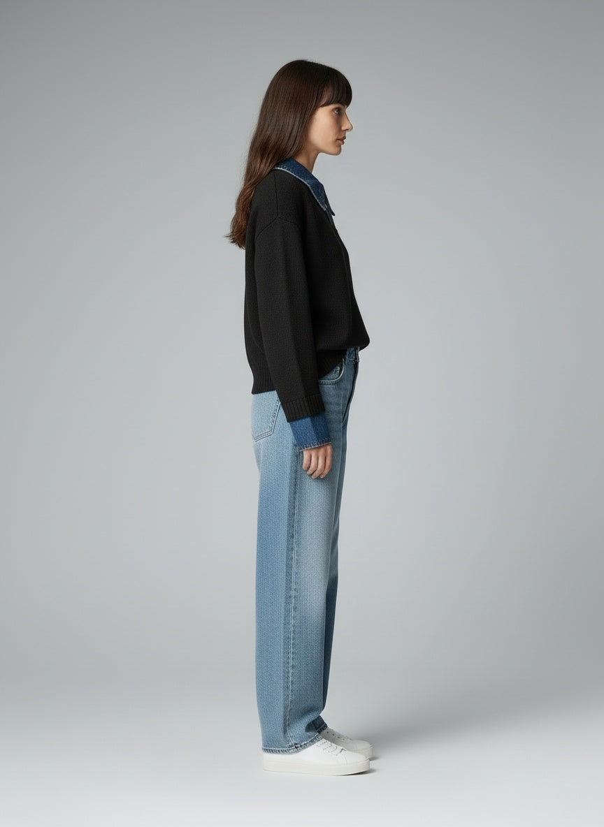 Side profile of the model wearing 2 in 1 Panel Revers-Pullover