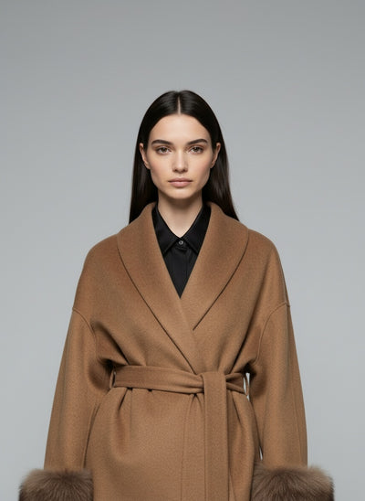 Close-up of the model wearing Linora Wollmantel