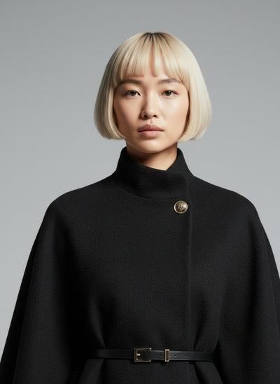 Close-up of the model wearing Annalena™ | Mantel mit Gürtel