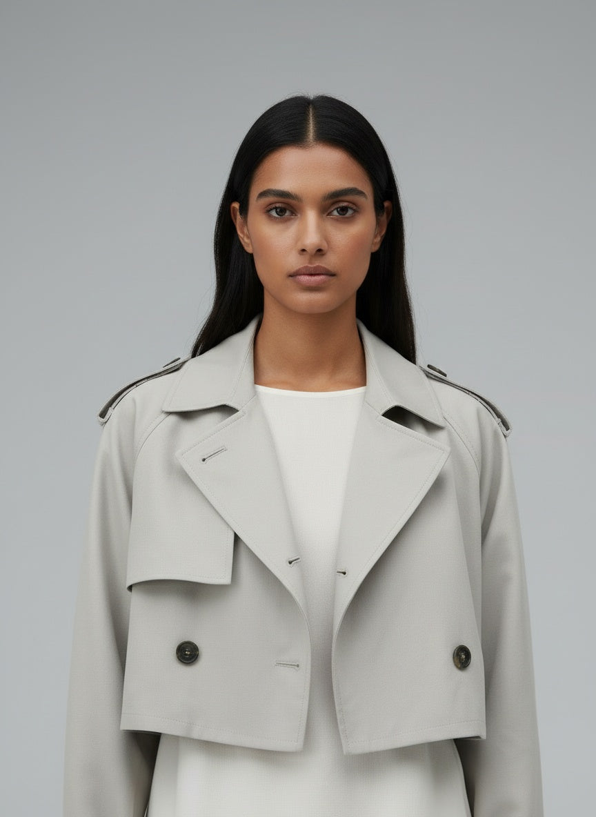 Close-up of the model wearing City Sleek | Stadtrischer Trenchcoat