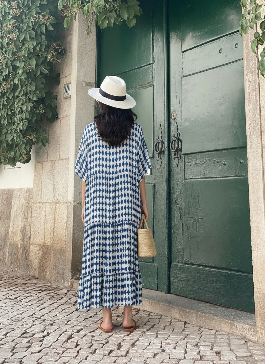Back pose of the model wearing Livia | Geometrisches Kleid in Blau und Weiß