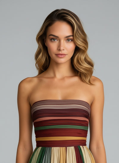 Close-up of the model wearing Flora™ – Langes Kleid aus Premiumstoff