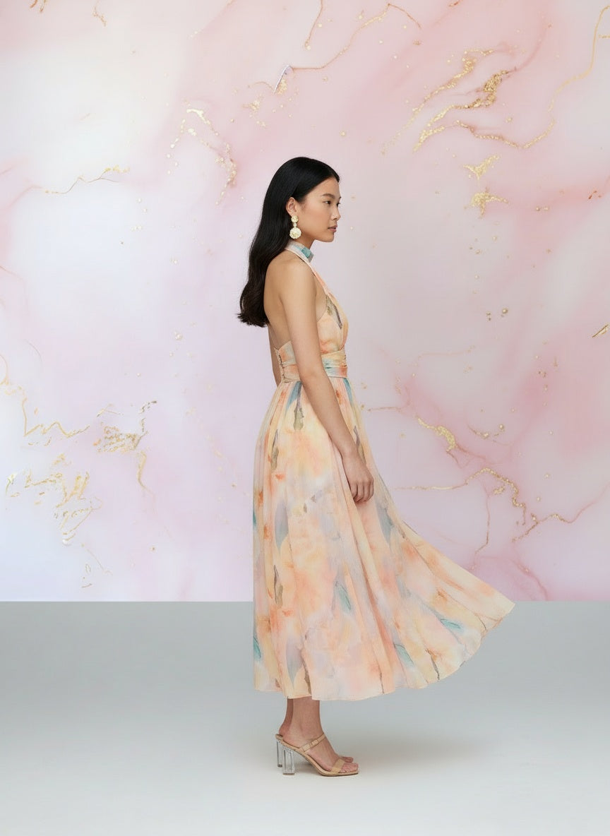 Side profile of the model wearing Naomi™ | Elegantes tailliertes Aquarell-Druck Kleid