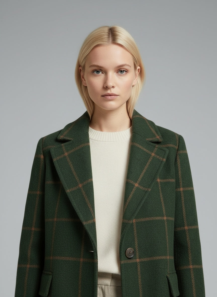 Close-up of the model wearing Fiona – Klassischer Karomantel