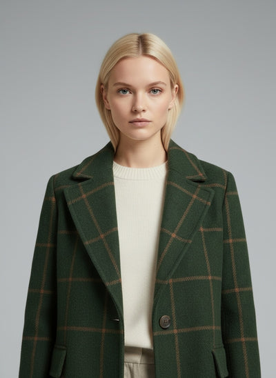 Close-up of the model wearing Fiona – Klassischer Karomantel