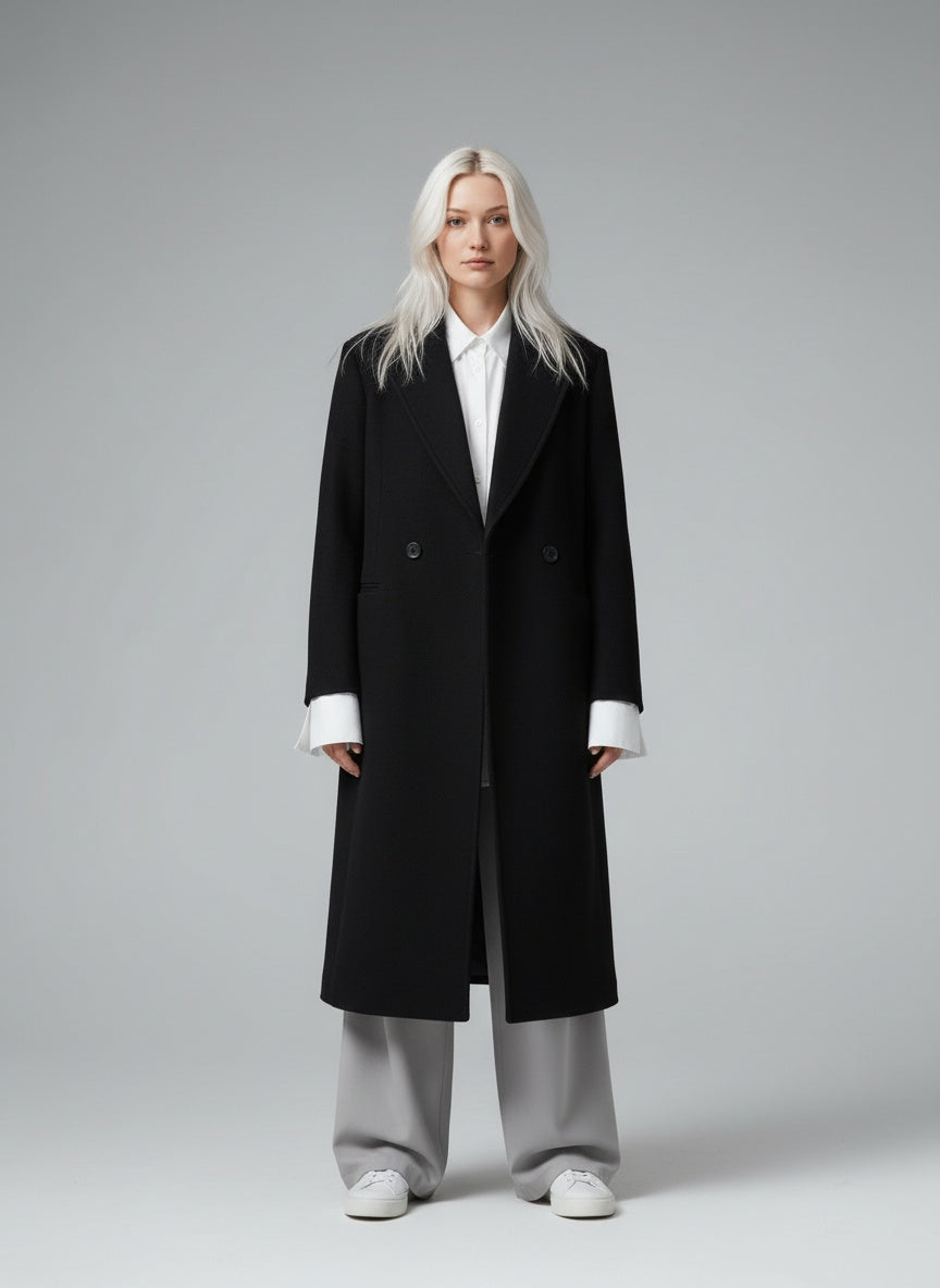 Full body view of the model wearing Clara™ | Zeitloser Premium-Mantel