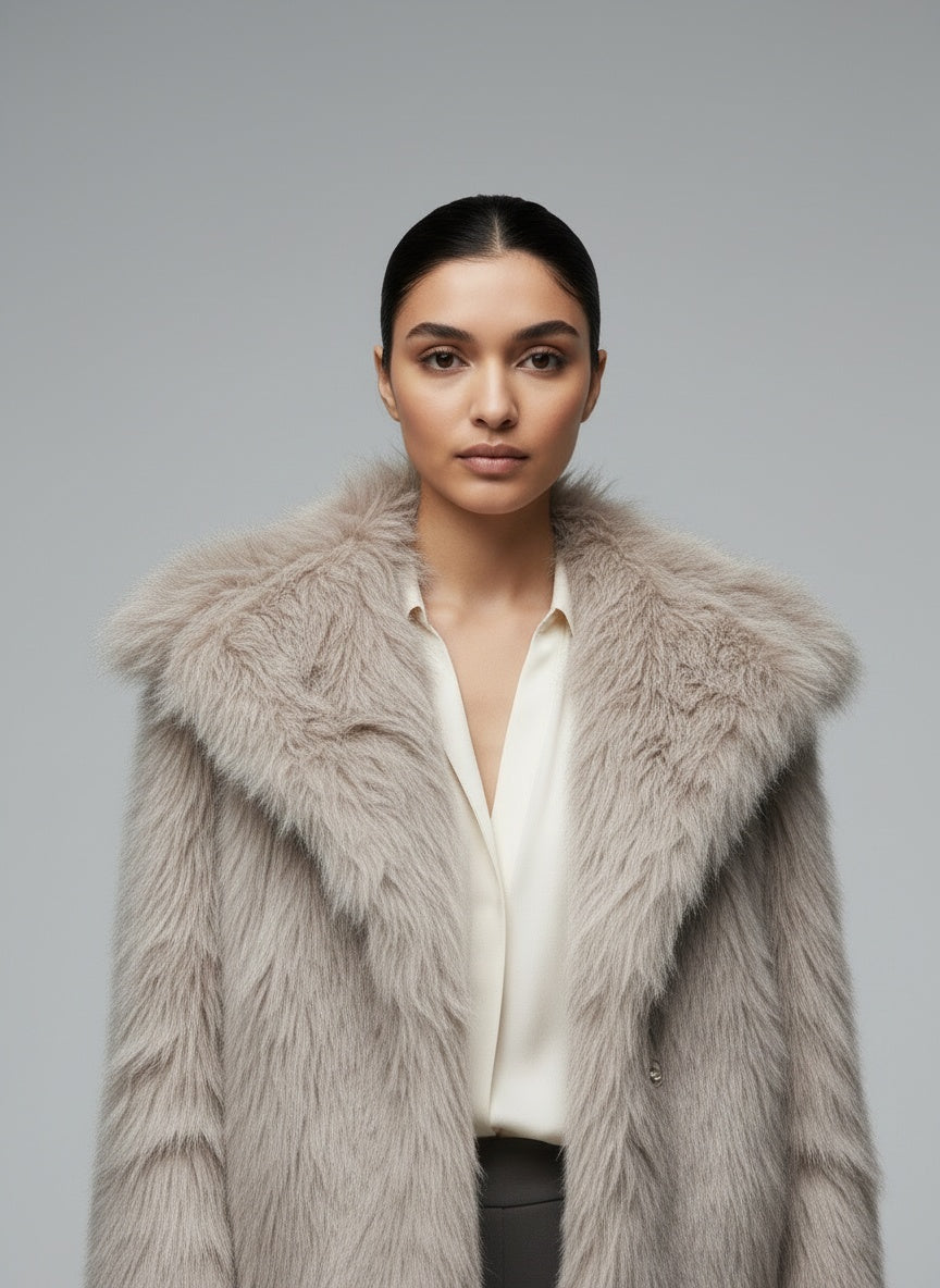 Close-up of the model wearing Tysa Kunstpelzjacke